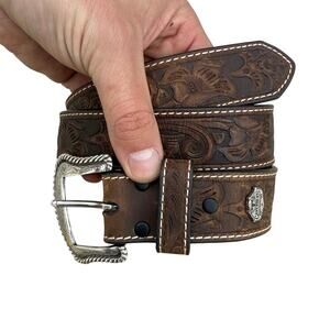 CAVENDER'S Genuine Leather Brown Belt Floral Embossed Size 30 - 9752844